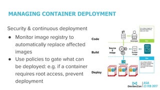 MANAGING CONTAINER DEPLOYMENT
Code
Build
Deploy
Security & continuous deployment
● Monitor image registry to
automatically replace affected
images
● Use policies to gate what can
be deployed: e.g. if a container
requires root access, prevent
deployment
 
