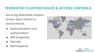 FEDERATED CLUSTERS ROLES & ACCESS CONTROLS
Securing federated clusters
across data centers or
environments
● Authentication and
authorization
● API endpoints
● Secrets
● Namespaces
 