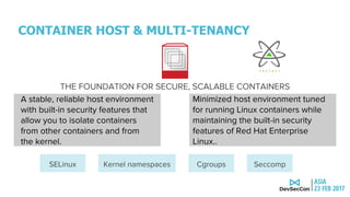 CONTAINER HOST & MULTI-TENANCY
Minimized host environment tuned
for running Linux containers while
maintaining the built-in security
features of Red Hat Enterprise
Linux..
A stable, reliable host environment
with built-in security features that
allow you to isolate containers
from other containers and from
the kernel.
SELinux Kernel namespaces Cgroups Seccomp
THE FOUNDATION FOR SECURE, SCALABLE CONTAINERS
 