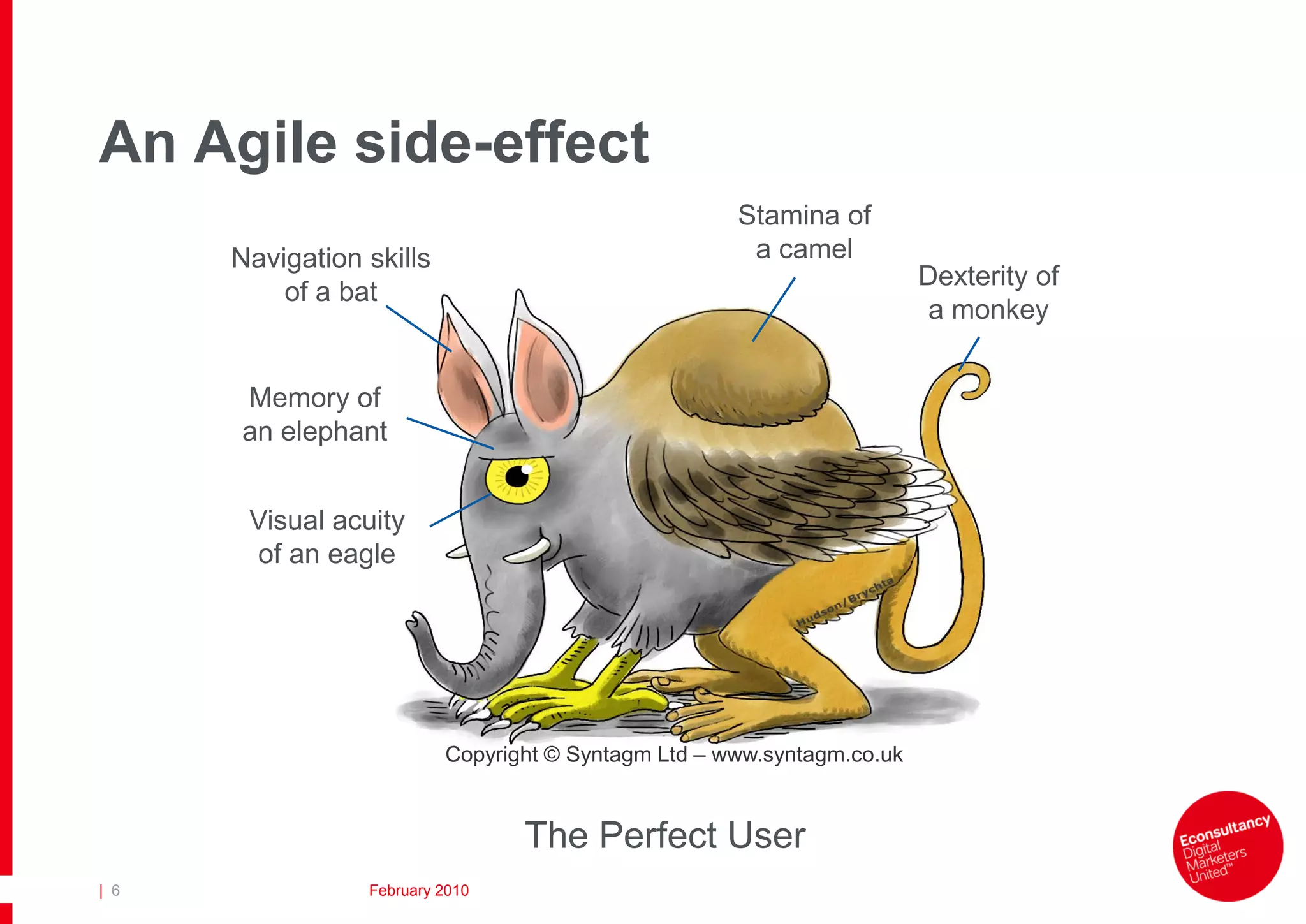 An Agile side-effect
                                                     Stamina of
      Navigation skills                               a camel
                                                                        Dexterity of
          of a bat
                                                                         a monkey


      Memory of
      an elephant


       Visual acuity
       of an eagle




                          Copyright © Syntagm Ltd – www.syntagm.co.uk


                                 The Perfect User
| 6              February 2010
 