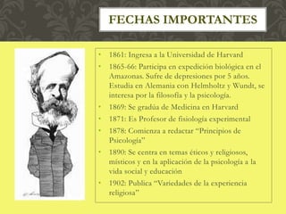 • 1861: Ingresa a la Universidad de Harvard
• 1865-66: Participa en expedición biológica en el
Amazonas. Sufre de depresiones por 5 años.
Estudia en Alemania con Helmholtz y Wundt, se
interesa por la filosofía y la psicología.
• 1869: Se gradúa de Medicina en Harvard
• 1871: Es Profesor de fisiología experimental
• 1878: Comienza a redactar “Principios de
Psicología”
• 1890: Se centra en temas éticos y religiosos,
místicos y en la aplicación de la psicología a la
vida social y educación
• 1902: Publica “Variedades de la experiencia
religiosa”
FECHAS IMPORTANTES
 