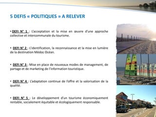 30




5 DEFIS « POLITIQUES » A RELEVER

• DEFI N° 1 : L’acceptation et la mise en œuvre d’une approche
collective et intercommunale du tourisme.


• DEFI N° 2 : L’identification, la reconnaissance et la mise en lumière
de la destination Médoc Océan.


• DEFI N° 3 : Mise en place de nouveaux modes de management, de
partage et de marketing de l’information touristique.


• DEFI N° 4 : L’adaptation continue de l’offre et la valorisation de la
qualité.


• DEFI N° 5 : Le développement d’un tourisme économiquement
rentable, socialement équitable et écologiquement responsable.
 
