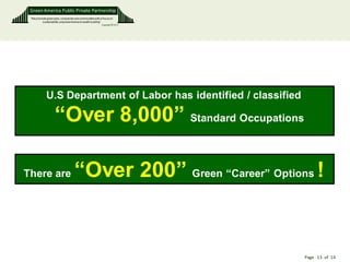 Green America Public Private Partnership
 “We promote green jobs, companies and communities with a focus on
         sustainability, empowerment and wealth building”
                                                          Copyright © 2011




             U.S Department of Labor has identified / classified

                    “Over 8,000” Standard Occupations

There are                            “Over 200” Green “Career” Options !


                                                                             Page 13 of 14
 