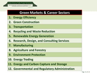 Green America Public Private Partnership
“We promote green jobs, companies and communities with a focus on
        sustainability, empowerment and wealth building”
                                                         Copyright © 2011




                                 Green Markets & Career Sectors
1.            Energy Efficiency
2.            Green Construction
3.            Transportation
4.            Recycling and Waste Reduction
5.            Renewable Energy Generation
6.            Research, Design, and Consulting Services
7.            Manufacturing
8.            Agriculture and Forestry
9.            Environment Protection
10.           Energy Trading
11.           Energy and Carbon Capture and Storage
12.           Governmental and Regulatory Administration
                                                                            Page 8 of 14
 