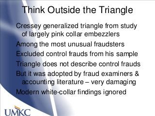 Think Outside the Triangle
Cressey generalized triangle from study
of largely pink collar embezzlers
Among the most unusual fraudsters
Excluded control frauds from his sample
Triangle does not describe control frauds
But it was adopted by fraud examiners &
accounting literature – very damaging
Modern white-collar findings ignored
 