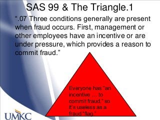 SAS 99 & The Triangle.1
―.07 Three conditions generally are present
when fraud occurs. First, management or
other employees have an incentive or are
under pressure, which provides a reason to
commit fraud.‖
Everyone has ―an
incentive … to
commit fraud,‖ so
it‘s useless as a
fraud ―flag.‖
 