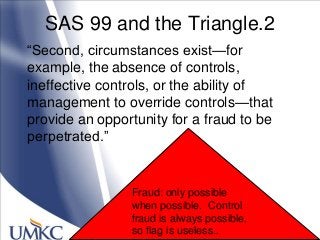 SAS 99 and the Triangle.2
―Second, circumstances exist—for
example, the absence of controls,
ineffective controls, or the ability of
management to override controls—that
provide an opportunity for a fraud to be
perpetrated.‖
Fraud: only possible
when possible. Control
fraud is always possible,
so flag is useless..
 