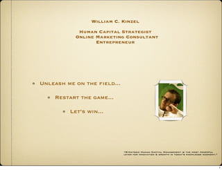William C. Kinzel
Human Capital Strategist
Online Marketing Consultant
Entrepreneur
Unleash me on the ﬁeld...
Restart the game...
Let’s win...
“Strategic Human Capital Management is the most powerful
lever for innovation & growth in today’s knowledge economy.”
1
 