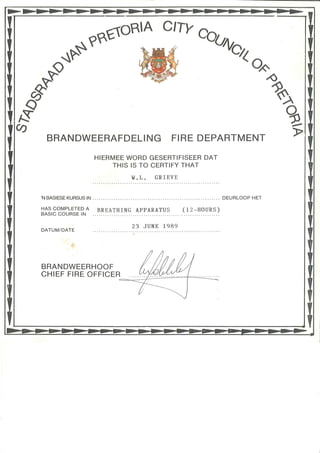 William leslie grieve   bill grieve - city council of pretoria fire department certificate for breathing apparatus course