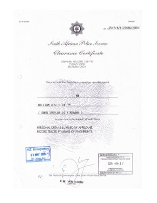 William leslie grieve   bill grieve - full south african police service clearance certificate issued 27 may 2004