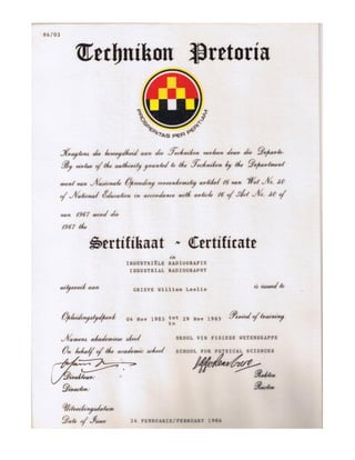 William leslie grieve   bill grieve - industrial radiography certificate - pretoria technicon school for physical sciences