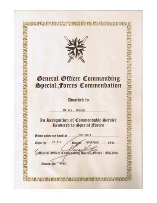 William Leslie Grieve   Bill Grieve - SADF Special forces commendation 