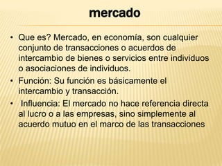 mercado
• Que es? Mercado, en economía, son cualquier
conjunto de transacciones o acuerdos de
intercambio de bienes o servicios entre individuos
o asociaciones de individuos.
• Función: Su función es básicamente el
intercambio y transacción.
• Influencia: El mercado no hace referencia directa
al lucro o a las empresas, sino simplemente al
acuerdo mutuo en el marco de las transacciones

 