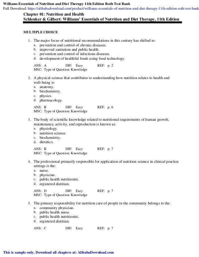 Williams Essentials of Nutrition and Diet Therapy 11th Edition Roth T…
