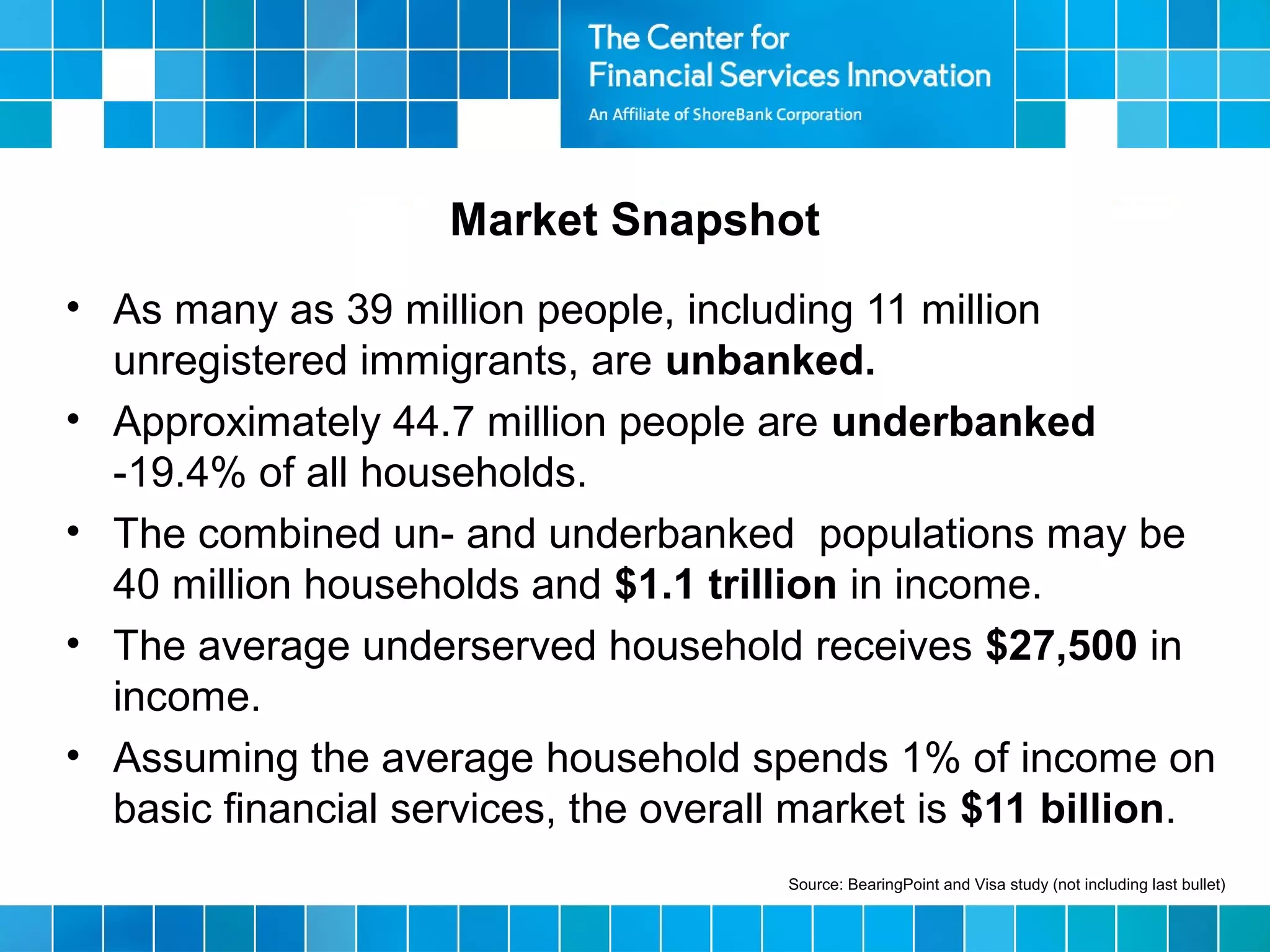 Market Snapshot
• As many as 39 million people, including 11 million
unregistered immigrants, are unbanked.
• Approximately 44.7 million people are underbanked
-19.4% of all households.
• The combined un- and underbanked populations may be
40 million households and $1.1 trillion in income.
• The average underserved household receives $27,500 in
income.
• Assuming the average household spends 1% of income on
basic financial services, the overall market is $11 billion.
Source: BearingPoint and Visa study (not including last bullet)
 
