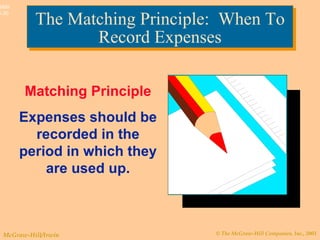 The Matching Principle:  When To Record Expenses Matching Principle Expenses should be recorded in the period in which they are used up. 