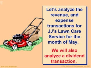 Let’s analyze the revenue, and expense transactions for JJ’s Lawn Care Service for the month of May.  We will also analyze a dividend transaction.   