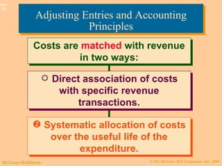 Adjusting Entries and Accounting Principles Costs are  matched  with revenue in two ways: Direct association of costs with specific revenue transactions. Systematic allocation of costs over the useful life of the expenditure. 