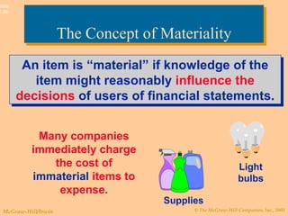 The Concept of Materiality An item is “material” if knowledge of the item might reasonably  influence the decisions  of users of financial statements. Many companies immediately charge the cost of  immaterial  items to expense. Supplies Light bulbs 