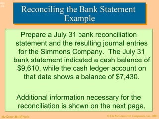 © The McGraw-Hill Companies, Inc., 2003McGraw-Hill/Irwin
Slide
7-19
Reconciling the Bank Statement
Example
Reconciling the Bank Statement
Example
Prepare a July 31 bank reconciliation
statement and the resulting journal entries
for the Simmons Company. The July 31
bank statement indicated a cash balance of
$9,610, while the cash ledger account on
that date shows a balance of $7,430.
Additional information necessary for the
reconciliation is shown on the next page.
 