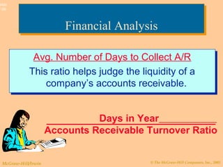 © The McGraw-Hill Companies, Inc., 2003McGraw-Hill/Irwin
Slide
7-56
Financial AnalysisFinancial Analysis
Avg. Number of Days to Collect A/R
This ratio helps judge the liquidity of a
company’s accounts receivable.
Avg. Number of Days to Collect A/R
This ratio helps judge the liquidity of a
company’s accounts receivable.
Days in Year
Accounts Receivable Turnover Ratio
 