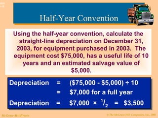 © The McGraw-Hill Companies, Inc., 2003McGraw-Hill/Irwin
Slide
9-18
Half-Year ConventionHalf-Year Convention
Using the half-year convention, calculate the
straight-line depreciation on December 31,
2003, for equipment purchased in 2003. The
equipment cost $75,000, has a useful life of 10
years and an estimated salvage value of
$5,000.
Depreciation = ($75,000 - $5,000) ÷ 10
= $7,000 for a full year
Depreciation = $7,000 × 1
/2 = $3,500
Depreciation = ($75,000 - $5,000) ÷ 10
= $7,000 for a full year
Depreciation = $7,000 × 1
/2 = $3,500
 