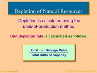 © The McGraw-Hill Companies, Inc., 2003McGraw-Hill/Irwin
Slide
9-50
Depletion is calculated using the
units-of-production method.
Unit depletion rate is calculated as follows:
Total Units of Capacity
Cost – Salvage Value
Depletion of Natural ResourcesDepletion of Natural Resources
 