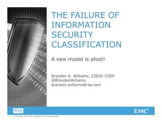 THE FAILURE OF
                                            INFORMATION
                                            SECURITY
                                            CLASSIFICATION
                                            A new model is afoot!


                                            Branden R. Williams, CISSP, CISM
                                            @BrandenWilliams
                                            branden.williams@rsa.com




© Copyright 2012 EMC Corporation. All rights reserved.                         1
 