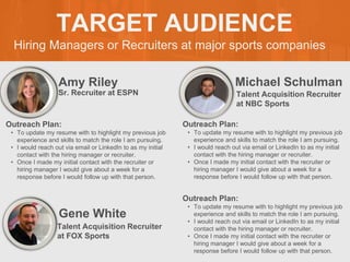 Hiring Managers or Recruiters at major sports companies
TARGET AUDIENCE
Amy Riley
Outreach Plan:
• To update my resume with to highlight my previous job
experience and skills to match the role I am pursuing.
• I would reach out via email or LinkedIn to as my initial
contact with the hiring manager or recruiter.
• Once I made my initial contact with the recruiter or
hiring manager I would give about a week for a
response before I would follow up with that person.
PROFILE
PICTURE
Sr. Recruiter at ESPN
Michael Schulman
Outreach Plan:
• To update my resume with to highlight my previous job
experience and skills to match the role I am pursuing.
• I would reach out via email or LinkedIn to as my initial
contact with the hiring manager or recruiter.
• Once I made my initial contact with the recruiter or
hiring manager I would give about a week for a
response before I would follow up with that person.
PROFILE
PICTURE Talent Acquisition Recruiter
at NBC Sports
Gene White
Outreach Plan:
• To update my resume with to highlight my previous job
experience and skills to match the role I am pursuing.
• I would reach out via email or LinkedIn to as my initial
contact with the hiring manager or recruiter.
• Once I made my initial contact with the recruiter or
hiring manager I would give about a week for a
response before I would follow up with that person.
PROFILE
PICTURE Talent Acquisition Recruiter
at FOX Sports
 