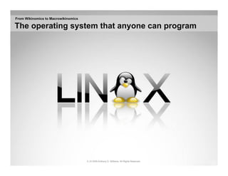 From Wikinomics to Macrowikinomics

The operating system that anyone can program




                                     3 | © 2009 Anthony D. Williams. All Rights Reserved.
 