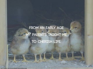 From an early age
                                                                    My parents taught me
                                                                          to cherish life.




Image: Waugsberg: http://commons.wikimedia.org/wiki/File:Take_five.jpg
 