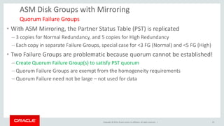 Copyright © 2014, Oracle and/or its affiliates. All rights reserved. | 
ASM Disk Groups with Mirroring 
•With ASM Mirroring, the Partner Status Table (PST) is replicated 
–3 copies for Normal Redundancy, and 5 copies for High Redundancy 
–Each copy in separate Failure Groups, special case for <3 FG (Normal) and <5 FG (High) 
•Two Failure Groups are problematic because quorum cannot be established! 
–Create Quorum Failure Group(s) to satisfy PST quorum 
–Quorum Failure Groups are exempt from the homogeneity requirements 
–Quorum Failure need not be large – not used for data 
Quorum Failure Groups 
23  