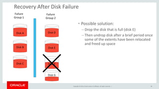 Copyright © 2014, Oracle and/or its affiliates. All rights reserved. | 
Recovery After Disk Failure 
38 
•Possible solution: 
–Drop the disk that is full (disk E) 
–Then undrop disk after a brief period once some of the extents have been relocated and freed up space  