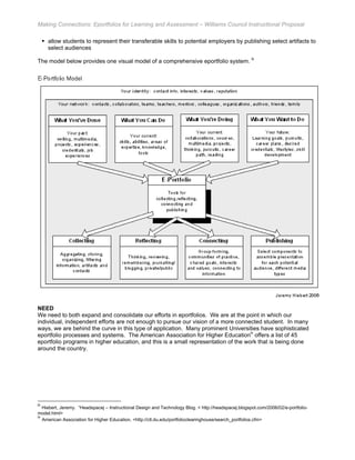 Making Connections: Eportfolios for Learning and Assessment – Williams Council Instructional Proposal

       allow students to represent their transferable skills to potential employers by publishing select artifacts to
        select audiences
                                                                                                      iii
The model below provides one visual model of a comprehensive eportfolio system.




NEED
We need to both expand and consolidate our efforts in eportfolios. We are at the point in which our
individual, independent efforts are not enough to pursue our vision of a more connected student. In many
ways, we are behind the curve in this type of application. Many prominent Universities have sophisticated
                                                                                     iv
eportfolio processes and systems. The American Association for Higher Education offers a list of 45
eportfolio programs in higher education, and this is a small representation of the work that is being done
around the country.




iii
   Hiebert, Jeremy. “Headspacej – Instructional Design and Technology Blog. < http://headspacej.blogspot.com/2006/02/e-portfolio-
model.html>
iv
   American Association for Higher Education. <http://ctl.du.edu/portfolioclearinghouse/search_portfolios.cfm>
 
