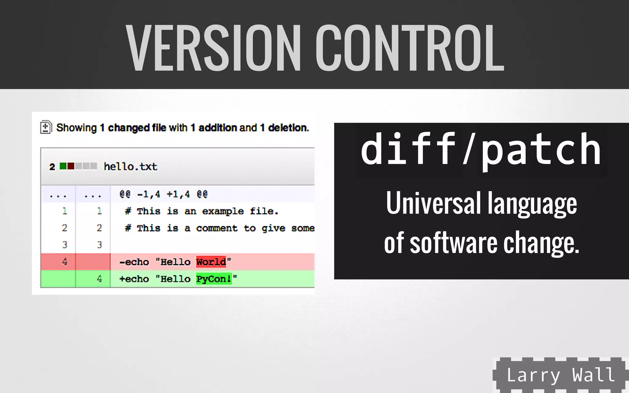diff/patch
Universal language
of software change.
VERSION CONTROL
Larry Wall
 