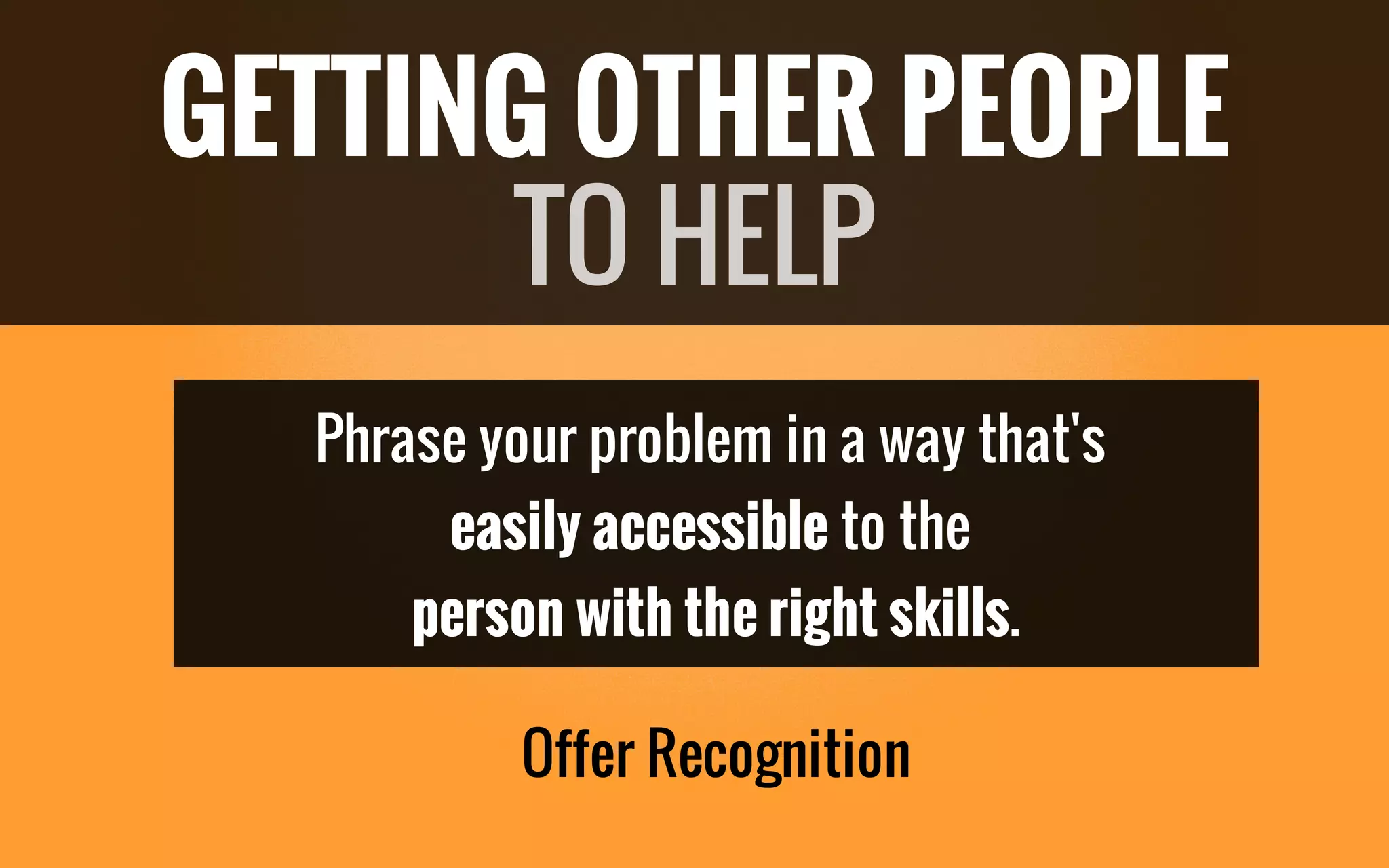 Phrase your problem in a way that's
easily accessible to the
person with the right skills.
Offer Recognition
GETTING OTHER PEOPLE
TO HELP
 