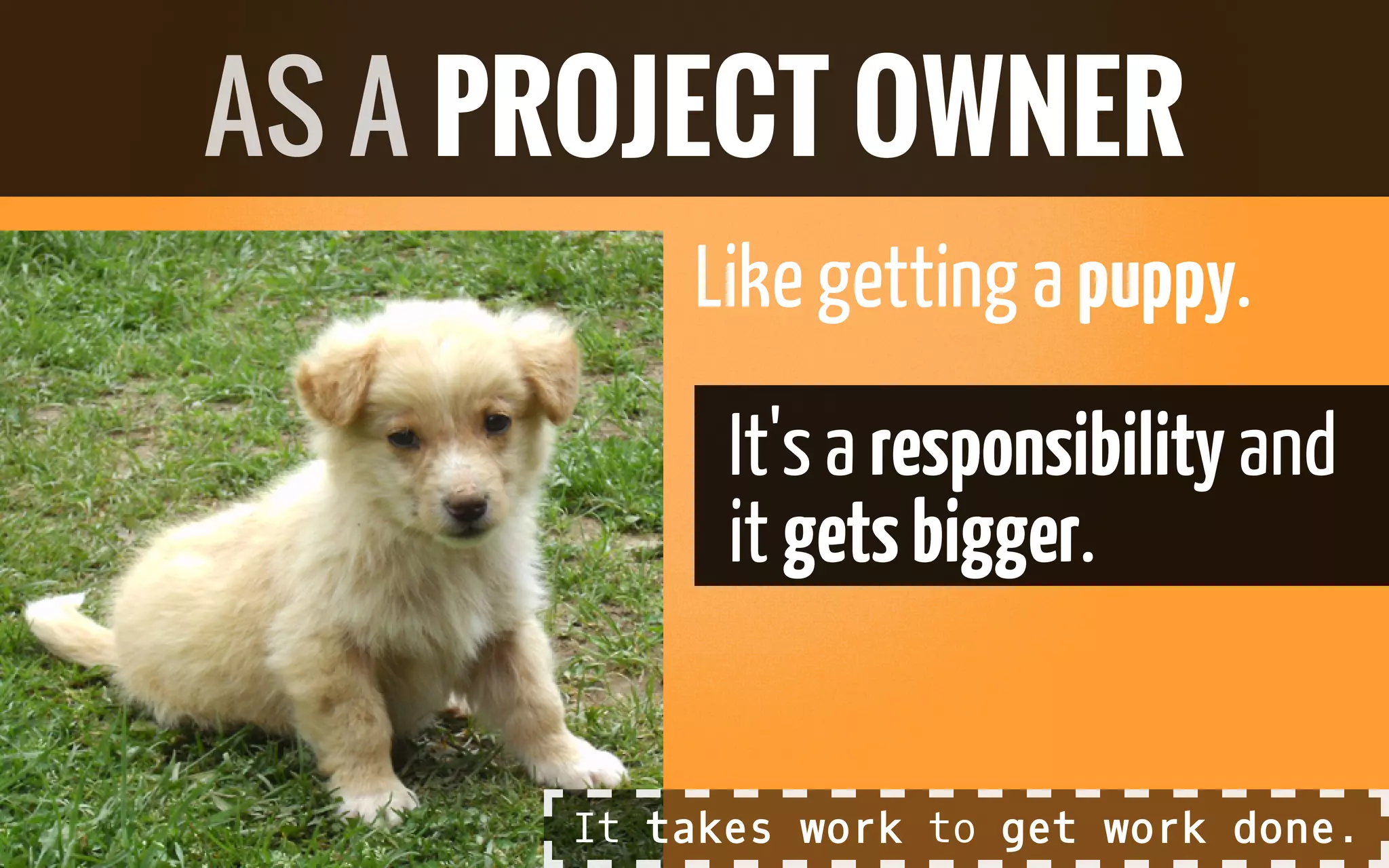 Likegetting a puppy.
It'sa responsibility and
it getsbigger.
AS A PROJECT OWNER
It takes work to get work done.
 