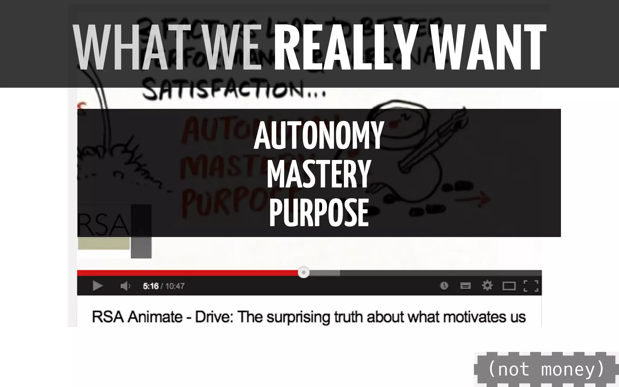 AUTONOMY
MASTERY
PURPOSE
WHAT WE REALLY WANT
(not money)
 