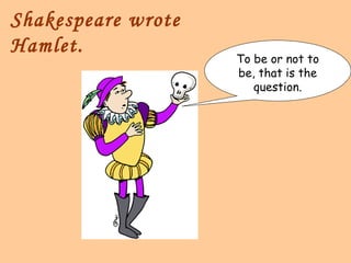 Shakespeare wrote
Hamlet.
                    To be or not to
                    be, that is the
                       question.
 
