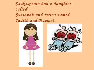 Shakespeare had a daughter
called
Sussanah and twins named
Judith and Hamnet.
 