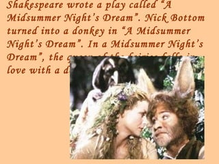Shakespeare wrote a play called “A
Midsummer Night’s Dream”. Nick Bottom
turned into a donkey in “A Midsummer
Night’s Dream”. In a Midsummer Night’s
Dream”, the queen of the fairies falls in
love with a donkey.
 