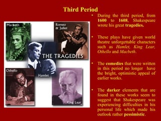 Third Period
• During the third period, from
1600 to 1608, Shakespeare
wrote his great tragedies.
• These plays have given world
theatre unforgettable characters
such as Hamlet, King Lear,
Othello and Macbeth.
• The comedies that were written
in this period no longer have
the bright, optimistic appeal of
earlier works.
• The darker elements that are
found in these works seem to
suggest that Shakespeare was
experiencing difficulties in his
personal life which made his
outlook rather pessimistic.
 