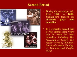 Second Period
• During the second period,
from 1596 to 1600,
Shakespeare focused on
chronicle plays and
comedies.
• It is generally agreed that
it was during these years
that he wrote his best
comedies, including The
Merchant of Venice, The
Merry Wives of Windsor,
Much Ado About Nothing,
As You Like and Twelfth
Night.
 