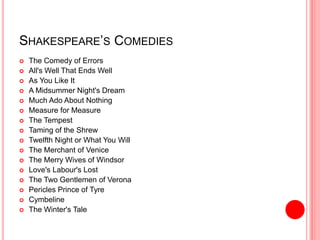 SHAKESPEARE’S COMEDIES
 The Comedy of Errors
 All's Well That Ends Well
 As You Like It
 A Midsummer Night's Dream
 Much Ado About Nothing
 Measure for Measure
 The Tempest
 Taming of the Shrew
 Twelfth Night or What You Will
 The Merchant of Venice
 The Merry Wives of Windsor
 Love's Labour's Lost
 The Two Gentlemen of Verona
 Pericles Prince of Tyre
 Cymbeline
 The Winter's Tale
 