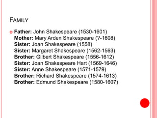 FAMILY
 Father: John Shakespeare (1530-1601)
Mother: Mary Arden Shakespeare (?-1608)
Sister: Joan Shakespeare (1558)
Sister: Margaret Shakespeare (1562-1563)
Brother: Gilbert Shakespeare (1556-1612)
Sister: Joan Shakespeare Hart (1569-1646)
Sister: Anne Shakespeare (1571-1579)
Brother: Richard Shakespeare (1574-1613)
Brother: Edmund Shakespeare (1580-1607)
 