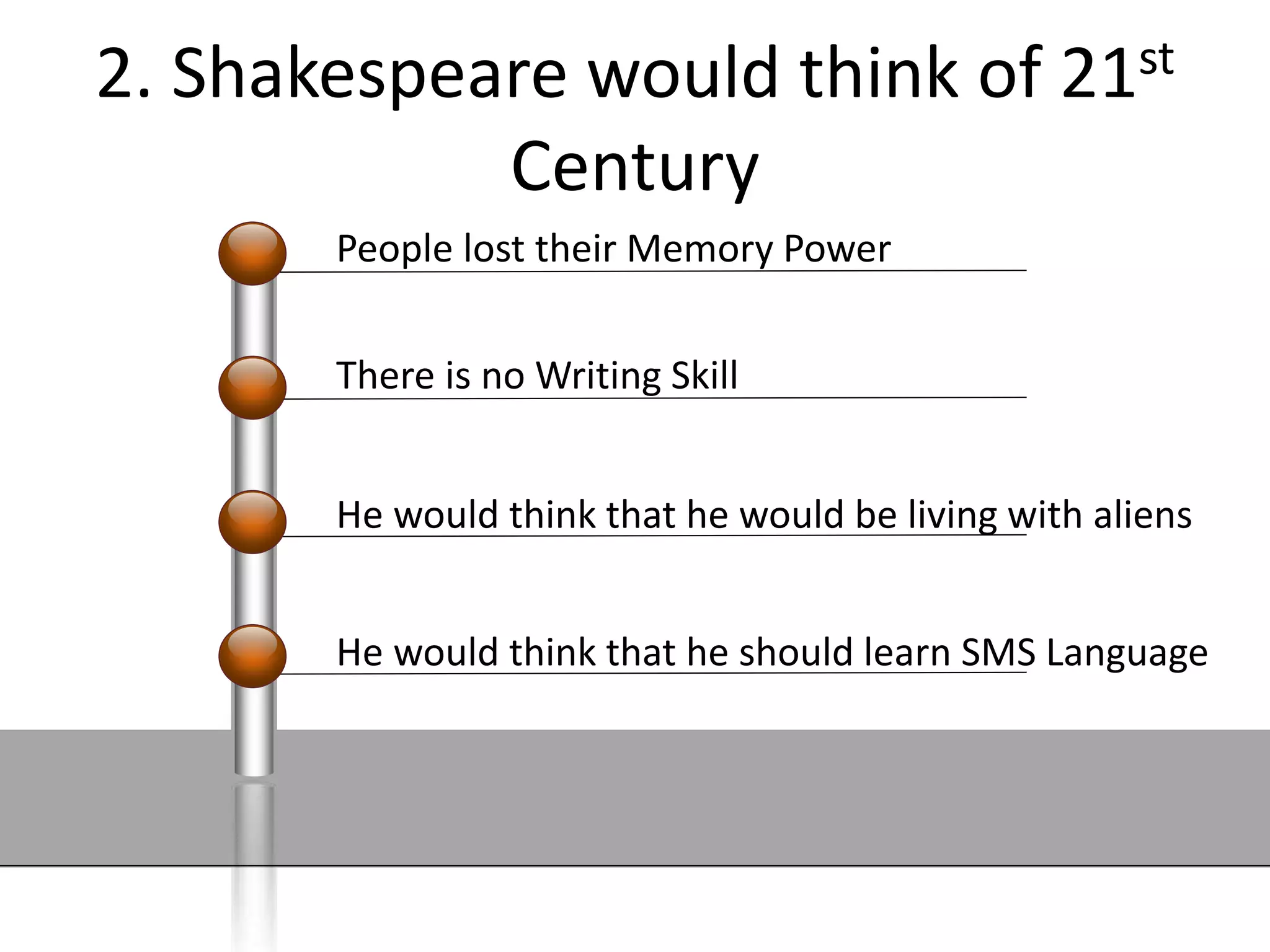 2. Shakespeare would think of 21st
Century
People lost their Memory Power
There is no Writing Skill
He would think that he would be living with aliens
He would think that he should learn SMS Language
 