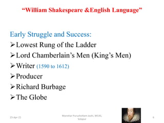 “William Shakespeare &English Language”
Early Struggle and Success:
Lowest Rung of the Ladder
Lord Chamberlain’s Men (King’s Men)
Writer (1590 to 1612)
Producer
Richard Burbage
The Globe
23-Apr-21
Manohar Purushottam Joshi, WCAS,
Solapur
6
 