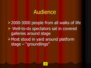 Audience   2000-3000 people from all walks of life Well-to-do spectators sat in covered galleries around stage  Most stood in yard around platform stage – “groundlings” 