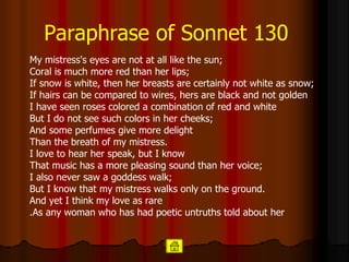 Paraphrase of Sonnet 130 My mistress's eyes are not at all like the sun; Coral is much more red than her lips; If snow is white, then her breasts are certainly not white as snow; If hairs can be compared to wires, hers are black and not golden I have seen roses colored a combination of red and white  But I do not see such colors in her cheeks; And some perfumes give more delight Than the breath of my mistress. I love to hear her speak, but I know That music has a more pleasing sound than her voice; I also never saw a goddess walk; But I know that my mistress walks only on the ground. And yet I think my love as rare .As any woman who has had poetic untruths told about her  