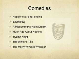 ComediesHappily ever after endingExamples:A Midsummer’s Night DreamMuch Ado About NothingTwelfth NightThe Winter’s TaleThe Merry Wives of Windsor
